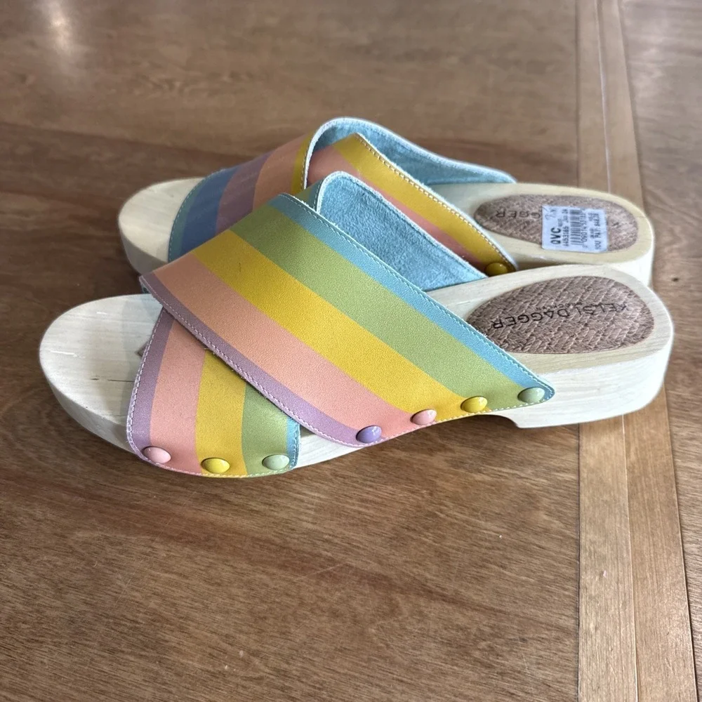 Kelsi Dagger Brooklyn Heeled Gear Sandal Clog Shoe Rainbow Leather Size 7.5